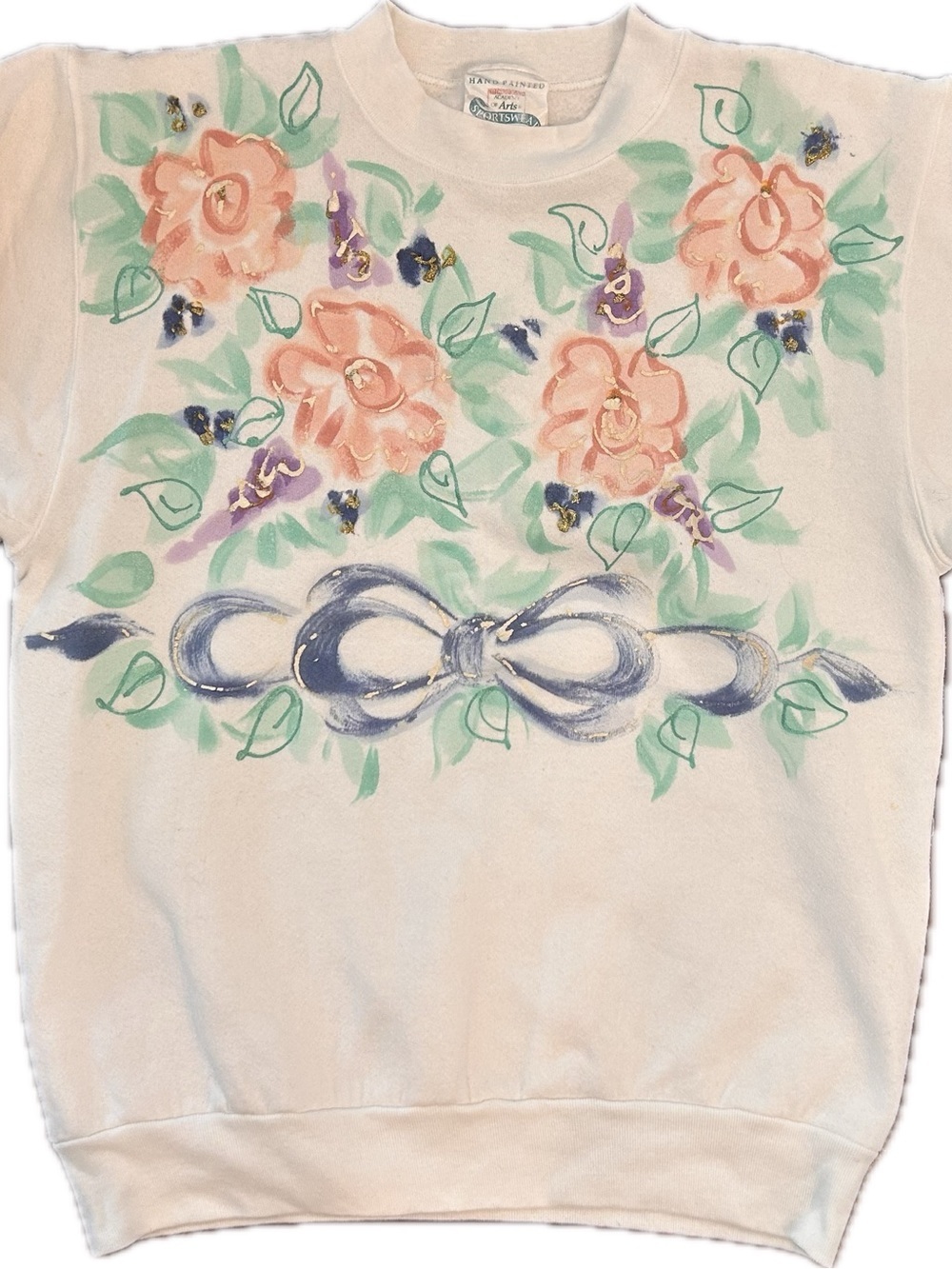Vintage 1980s Academy of Arts Hand Painted Floral Bow Sweatshirt One Size